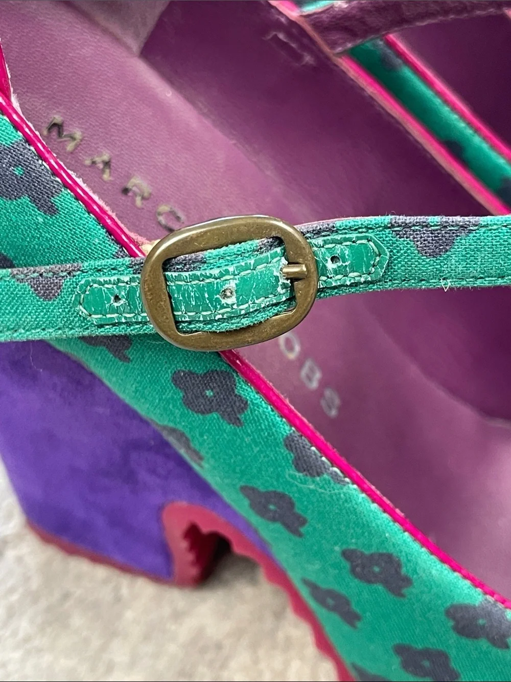 Vintage Marc Jacobs Purple Teal T-Strap Wedge Heels Retro Flower Sz 35.5